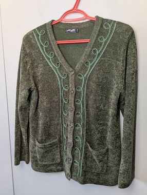 VINTAGE Women Cardigan Green Color Super Soft Size M Button Closure Moffi Brand
